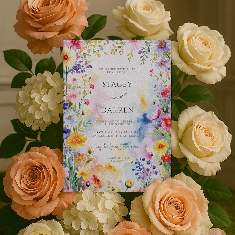 May include: A wedding invitation featuring floral watercolor artwork with the names "Stacey and Darren". The invitation is surrounded by peach and cream roses and white hydrangeas. The text includes the wedding date, time, and location.