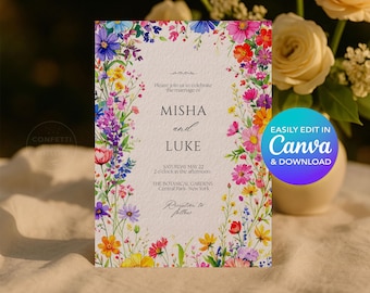 Editable Wildflower Wedding Invitation Template - Printable Watercolor Floral Design (Instant Download)