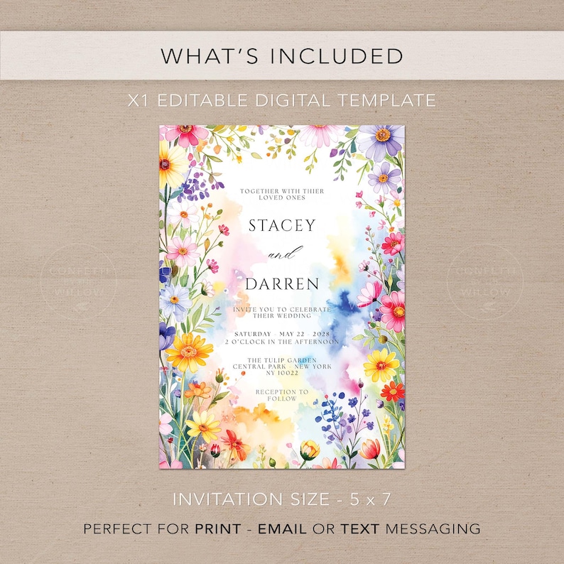 May include: A floral wedding invitation with the names Stacey and Darren. The invitation is surrounded by colorful flowers and includes the date, time, and location of the wedding. The invitation size is 5 x 7 inches.