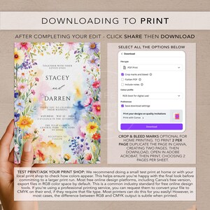 May include: A wedding invitation with floral watercolor design. The invitation includes the names Stacey and Darren, wedding details, and instructions for downloading and printing. The invitation is surrounded by colorful flowers.