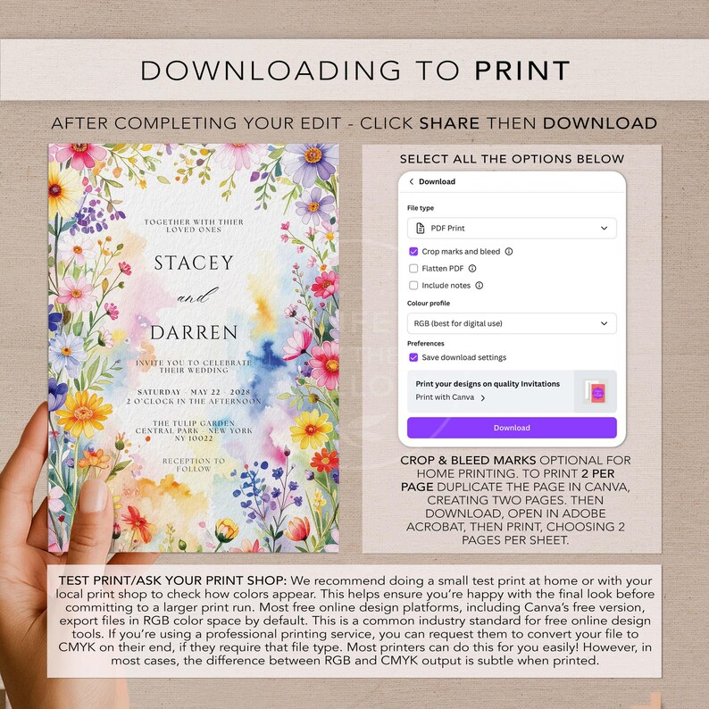May include: A wedding invitation with floral watercolor design. The invitation includes the names Stacey and Darren, wedding details, and instructions for downloading and printing. The invitation is surrounded by colorful flowers.