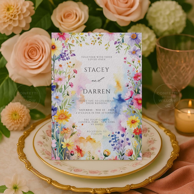 May include: A wedding invitation with floral watercolor design. The invitation features the names "Stacey and Darren" and event details. The invitation is surrounded by colorful flowers and greenery, with a soft, blurred watercolor background.