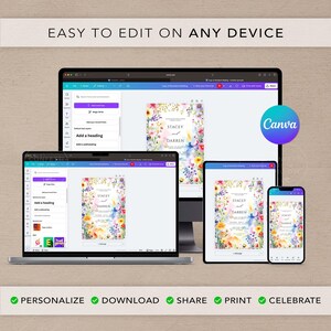 May include: A digital design displayed on various devices, including a laptop, tablet, and smartphone. The design features floral elements and the names "Stacey" and "Darren." The Canva logo is visible. Text includes "Easy to edit on any device."