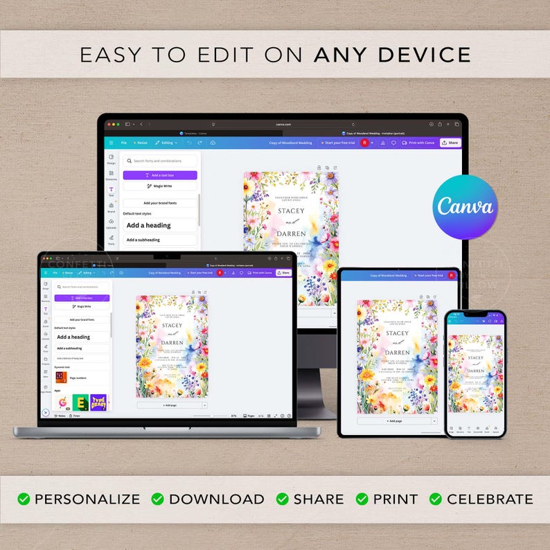 May include: A digital design displayed on various devices, including a laptop, tablet, and smartphone. The design features floral elements and the names "Stacey" and "Darren." The Canva logo is visible. Text includes "Easy to edit on any device."