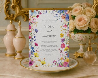 May include: A wedding invitation with floral watercolor border in shades of blue, pink, yellow, and purple. The invitation text reads "Viola and Mathew" and includes the wedding date, time, and location: The Waldorf Astoria, New York.