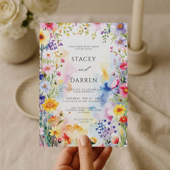 Colorful Wildflower Wedding Invite Template - Editable Printable Design - Bonus RSVP Card Design Included