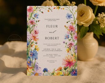 May include: A wedding invitation with a floral border featuring pink, blue, yellow, and orange flowers. The invitation includes the names "Fleur and Robert" and event details. The background is a soft, neutral color.