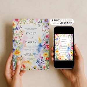 May include: A wedding invitation with floral watercolor design. The invitation reads "Stacey and Darren" and includes event details. A smartphone displays the same invitation. The text "Print or send as a message" is also visible.
