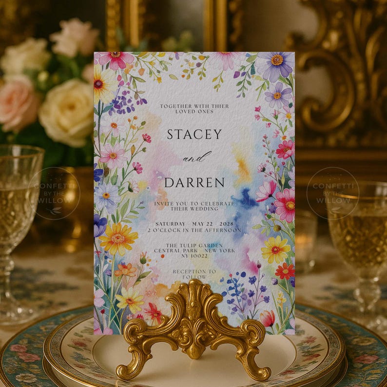 May include: A wedding invitation featuring floral watercolor artwork. The invitation includes the names "Stacey and Darren", event details, and the text "Together with their loved ones". The invitation is displayed on a gold stand.