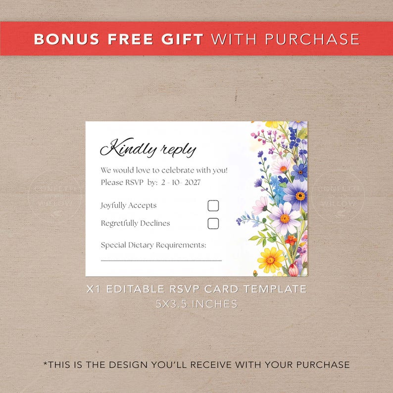 Colorful Wildflower Wedding Invite Template - Editable Printable Design - Bonus RSVP Card Design Included image 2
