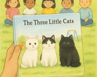 Puede incluir: Un libro infantil titulado "The Three Little Cats" se muestra frente a cinco niños. La portada muestra tres gatos de dibujos animados: blanco, blanco y negro y negro, sobre un fondo de hierba verde. Los niños son de diversas etnias.