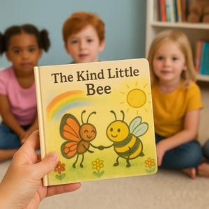 May include: A children's book titled "The Kind Little Bee" is held up in front of three children. The cover features a cartoon illustration of a butterfly and a bee shaking hands, with a rainbow and sun in the background.