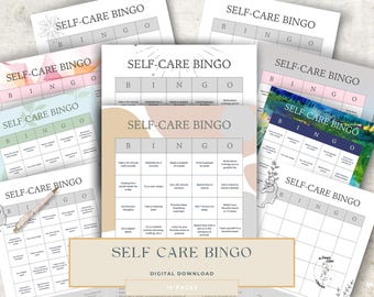 Bingo de autocuidado imprimible, juego de bienestar de 10 páginas, hojas de actividades de mindfulness, PDF de amor propio, planificador de salud mental, descarga digital