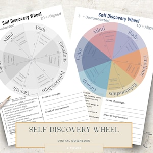 May include: Two "Self Discovery Wheel" printables. One is grayscale, the other is colorful. Each wheel is divided into sections like Mind, Body, and Emotions. The text "Self Discovery Wheel" and "Digital Download" are visible.