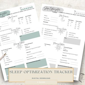 Könnte beinhalten: Zwei weiße, bedruckbare Schlafoptimierungs-Tracker mit einem hellen Türkis- und Beigefarbschema. Die Tracker enthalten Abschnitte zur Verfolgung des Schlafüberblicks, der Abendroutine und der Morgenreflexion. Der Text "Sleep Optimization Tracker" steht oben.