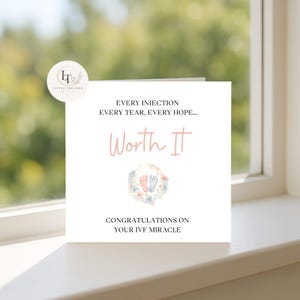 May include: A white greeting card featuring the black text EVERY INJECTION EVERY TEAR, EVERY HOPE... followed by the pink script text Worth It, a small watercolour illustration of two baby footprints inside a floral wreath, and CONGRATULATIONS ON YOUR IVF MIRACLE.