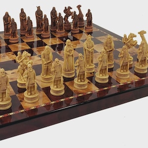 Antique White & Brown Norse Viking CHESS SET with 18&quot; Cherry Color Board