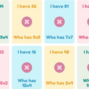 May include: Eight colorful flashcards with math problems. Each card has a different number and a multiplication problem. The cards are in various pastel colors, with a pink 'X' in the center of each card. The text on the cards is in a clear, easy-to-read font.