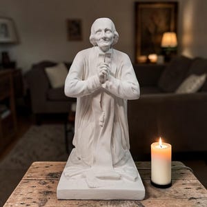 Può includere: Una statua bianca opaca raffigurante una persona inginocchiata con le mani giunte in preghiera, che indossa una lunga veste con una stola drappeggiata sul davanti. La figura è posizionata su una base rettangolare accanto a una candela accesa.