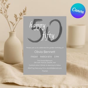50th Birthday Invitation for Him or Her, Minimalist Gray Birthday Invite, Editable Canva Template Printable