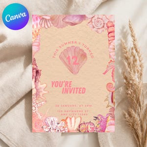 Beach Birthday Invitation Template, Seashell Birthday Party Invite, Summer Ocean Theme Editable Canva Printable