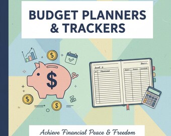 May include: A budget planner and tracker design with the text "BUDGET PLANNERS & TRACKERS". The image includes a pink piggy bank with a dollar sign, gold coins, a calendar, and a calculator. The text "Achieve Financial Peace & Freedom" is also present.
