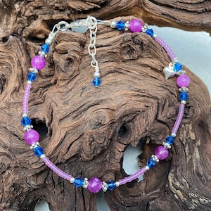Bracelet de cheville en cristal violet fait main en métal argenté, Bracelet de cheville violet, Bracelet de cheville en métal argenté, Bracelets de cheville personnalisés, Bracelet de cheville en cristal