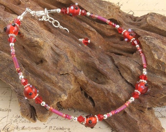 Red Glass Crystal Silver Beaded Anklet, Red Anklets, Custom Anklets