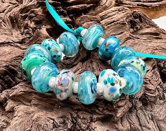 13 Coastal Gold Blue Lampwork Beads Set SRA