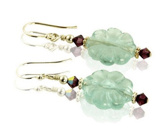 Glass Bead Earrings Dangle, Blue Floral Gemstone Beaded Earrings