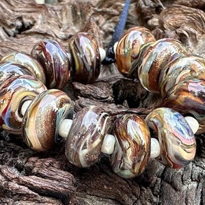 MTO Multicolor Swirl Lampwork Beads with Goldstone: Handmade Donut Rounds