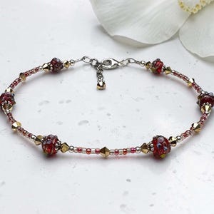 10" Ruby Red Lampwork Anklet, Sterling Silver Adjustable Anklet, Red Crystal Anklet, Artisan Glass Bead Jewelry, Handmade Anklet Gift