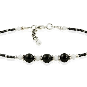 Black Anklet Sterling, Elegant Crystal Onyx Gemstone Beaded Anklet