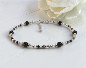 Black Agate Gemstone Beaded Anklet - Stainless