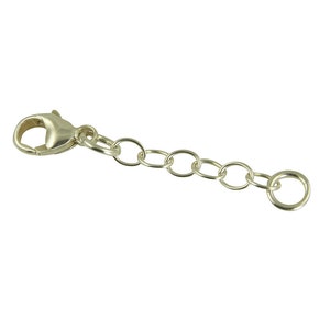 May include: A silver-colored jewelry extender with a lobster clasp on one end and a series of small, linked rings leading to a larger ring on the other end. The extender is designed to add length to necklaces or bracelets.