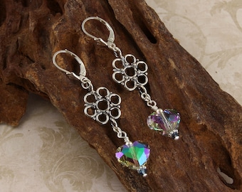 Handmade Mystic Swarovski Heart Crystal Earrings, Sterling Silver, Heart Earrings, Handmade Earrings