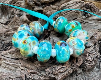10 Turquoise Bay Mosaic Lampwork Beads Set SRA