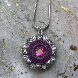 BeadLoved Moonlit Iris Reversible Pendant Necklace, Purple Button Necklace, Opal White Pendant, Handmade Jewelry, One of a Kind Gift