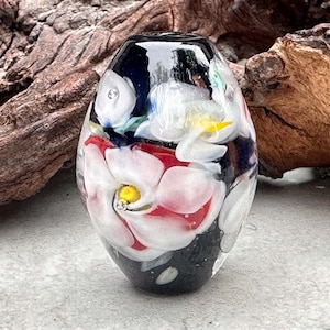 Elegant White & Red Lampwork Focal Bead SRA, Floral Lampwork Bead, Handmade Floral Bead, SWCreations
