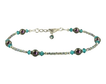 Scarab Teal Green Beaded Anklet, Green Anklet, Pearl Anklet, Crystal Anklets, Custom Anklets