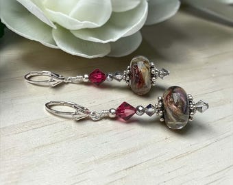 Crimson Ember Lampwork Earrings, Gold Aventurine Glass Earrings, Ruby Swarovski Crystal Earrings, Handmade Sterling Silver Gift for Her