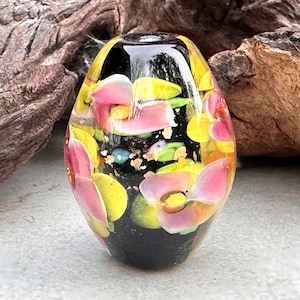 Yellow Pink Floral Lampwork Focal Bead SRA, Floral Lampwork Bead, Handmade Floral Bead, SWCreations