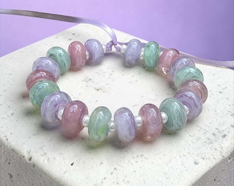19 Cottage Bloom Swirl Lampwork Beads, 19 Handmade Pastel Glass Beads, Lavender Pink Mint Artisan Beads, Floral Jewelry Supplies