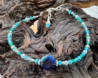 9" Aqua Blue Flora Silver-Plated Anklet