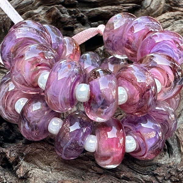 MTO Pink Peony Shimmer Lampwork Beads Set SRA Made to Order, Pink Lampwork Bead, SWCreations