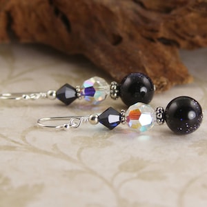Handmade Blue Goldstone Crystal Beaded Earrings, Blue Earrings, Handmade Earrings, Goldstone Earrings, Crystal Earrings