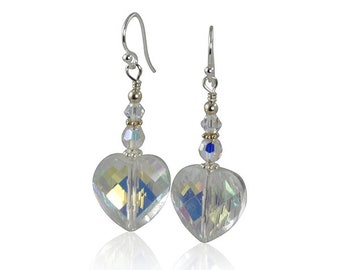 Crystal Earrings Sterling, Handmade Glistening Heart Beaded Crystal Earrings, Heart Earrings, Handmade Earrings
