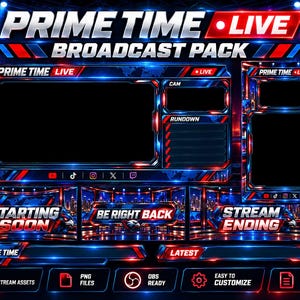 Prime Time Live Broadcast Overlay-Paket | OBS News Stream Bundle | Twitch YouTube TikTok Streaming-Grafiken