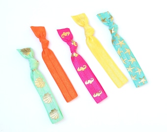 Ariel - 5 Comfort Elastic Hair Ties / Bands / Bracelets Ocean Sea