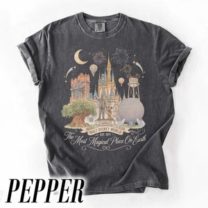 Pode incluir: Camiseta cinza escuro com um gr&aacute;fico de marcos da Walt Disney World, incluindo o castelo da Cinderela e a Spaceship Earth. O texto diz "Walt Disney World Est. 1971 The Most Magical Place On Earth." A camiseta &eacute; na cor pimenta.